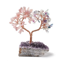 Fluorite Natural Fluorite Tree Display Decoration, Druzy Amethyst Base Feng Shui Ornament for Wealth, Luck, Love, Rose Gold Brass Wires Wrapped, 40~54x82~93x106~120mm