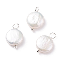 Platinum Natural Baroque Pearl Keshi Pearl Pendants, Cultured Freshwater Pearl, with Brass Loops, Flat Round, Floral White, Platinum, 17.5x11x4.5mm, Hole: 2.1~3.1mm