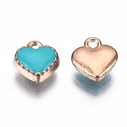 Dark Turquoise Alloy Enamel Charms, Heart, Light Gold, Dark Turquoise, 8x7.50x2.50mm, Hole: 1.5mm