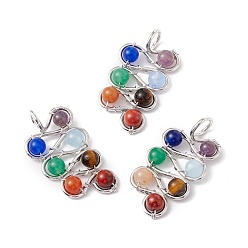 Platinum Natural Mixed Stone Brass Pendants, Natural Dyed White Jade & Amethyst & Tiger Eye & Red Jasper, Large Hole Pendants, Lead Free & Cadmium Free, Mixed Dyed and Undyed, Leaf, Platinum, 42~44x22~24x8.5~9.5mm, Hole: 6~6.5mm