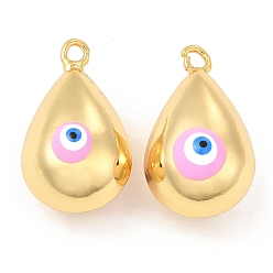 Pearl Pink Brass Pendants, with Enamel, Real 18K Gold Plated, Long-Lasting Plated, Teardorp with Evil Eye Charm, Pearl Pink, 26x15.5x15mm, Hole: 2.6mm