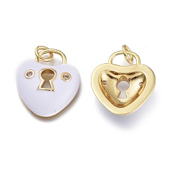 White Brass Micro Pave Clear Cubic Zirconia Pendants, with Enamel and Jump Rings, Heart Lock, Real 18K Gold Plated, White, 19x16x4mm, Hole: 3mm