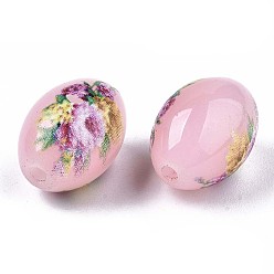 Pink Printed & Spray Painted Imitation Jade Glass Beads, Oval with Floral Pattern, Pink, 13.5~15x10mm, Hole: 1.6mm