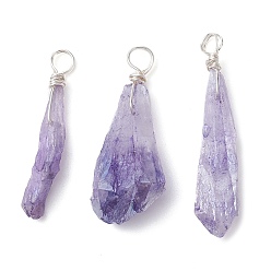 Lilac Electroplated Natural Quartz Crystal Dyed Pendants, Teardrop Charms with Silver Color Plated Copper Wire Loops, Lilac, 30~38x9.5~15x7~11mm, Hole: 4mm