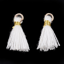 White Polycotton(Polyester Cotton) Tassel Pendant Decorations, Mini Tassel, with Iron Findings and Metallic Cord, Light Gold, White, 10~15x2~3mm, Hole: 1.5mm