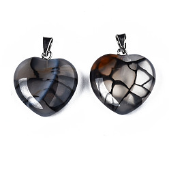 Dark Gray Natural Dragon Veins Agate Pendants, with Stainless Steel Snap On Bails, Heart, Stainless Steel Color, Dark Gray, 22~23x19~20x5~6mm, Hole: 3x5mm