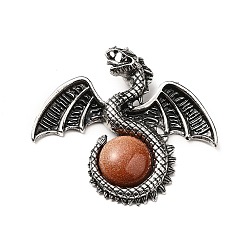 Goldstone Synthetic Goldstone Big Pendants, Dragon Charms, with Rack Plating Antique Silver Tone Alloy Findings, Cadmium Free & Lead Free, 49x56x12mm, Hole: 6~6.5mm