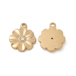 Clear Vacuum Plating 201 Stainless Steel Pendants, with Glass, Flower Charms, Real 18K Gold Plated, Clear, 18x15x2.5mm, Hole: 2mm