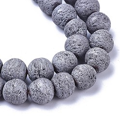 Platinum Plated Electroplated Natural Lava Rock Beads Strands, Round, Platinum Plated, 9.5~10.5mm, Hole: 1mm, about 40~42pcs/strand, 15.7 inch(40cm)