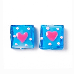 Dodger Blue Handmade Lampwork Beads, Square with Heart Pattern, Dodger Blue, 16x15x6mm, Hole: 1.8mm