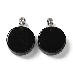 Obsidian Natural Obsidian Perfume Bottle Pendants, Flat Round Charms with Stainless Steel Color Plated 304 Stainless Steel Findings, 27.5x20x7~7.5mm, Hole: 2mm