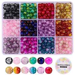 Mixed Color DIY Jewelry Making Kits, Including 300Pcs 12 Colors Spray Painted Crackle Glass Beads, Round, Two Tone, with Clear Elastic Crystal Thread, Mixed Color, Beads: 8mm, Hole: 1.3~1.6mm, 25pcs/color
