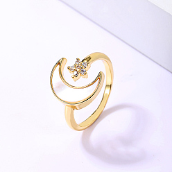Moon Natural Shell Open Cuff Ring, Golden Stainless Steel Finger Ring, Moon, Inner Diameter: 16~18mm