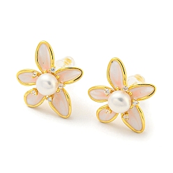 Real 18K Gold Plated Cubic Zirconia Flower Stud Earrings with Natural Pearl, Brass Earrings with 925 Sterling Silver Pins, Real 18K Gold Plated, 16x8.5mm