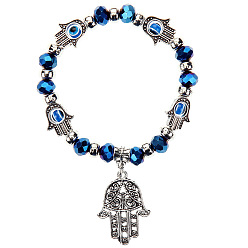 Blue Lampwork Evil Eye & Glass Beaded Stretch Bracelet with Alloy Hamsa Hand Charm for Women, Blue, 7-1/2 inch(19cm)