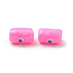 Pearl Pink Opaque Glass Beads, with Enamel, Rectangle with Evil Eye Pattern, Pearl Pink, 13x9.5x7mm, Hole: 1.6mm