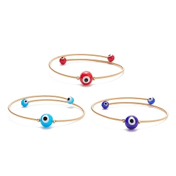 Mixed Color Lampwork Round with Evil Eye Beaded Cuff Bangle, Gold Plated Copper Torque Bangle for Women, Mixed Color, Inner Diameter: 2-1/4 inch(5.6cm)