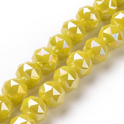 Gold Electroplate Opaque Glass Beads Strands, AB Color Plated, Faceted, Round, Gold, 8x7.5mm, Hole: 1.5mm, about 71~72pcs/strand, 20.87''(53cm)