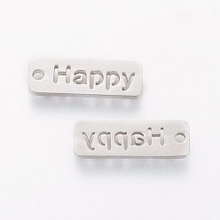Stainless Steel Color 201 Stainless Steel Pendants, Rectangle with Word Happy, Stainless Steel Color, 17x6x1mm, Hole: 1.5mm