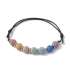 Coloré Bracelets de perles tressées rondes en pierre de lave naturelle teinte, bracelet réglable cordons polyester ciré, colorées, diamètre intérieur: 2-3/4~4-1/8 pouce (7~10.4 cm)