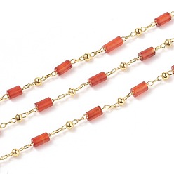 Natural Agate Natural Agate Handmade Beaded Chains, with Brass Eye Pins, Real 18K Gold Plated, Soldered, Column, with Spool, Gemstone Link: 7x2mm, Brass Link: 5x2mm, about 32.8 Feet(10m)/roll
