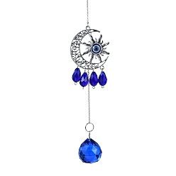 Bleu Décorations pendantes en verre, attrape-soleil, avec les accessoires en fer, soleil et lune et larme, bleu, 320mm