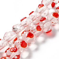 Roja Hechos a mano de cristal de murano con baches, ronda con el corazón, rojo, 14x12x11 mm, agujero: 2 mm, sobre 33 unidades / cadena, 14.76'' (37.5 cm)