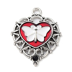 Antique Silver Alloy Enamel Pendants, with Rhinestone, Heart with Butterfly Charm, Antique Silver, 33.5x26x3mm, Hole: 2.8mm