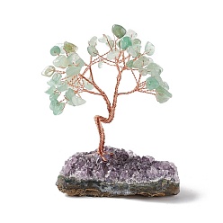 Green Aventurine Natural Green Aventurine Tree Display Decoration, Druzy Amethyst Base Feng Shui Ornament for Wealth, Luck, Rose Gold Brass Wires Wrapped, 45~52x69~75x93~107mm