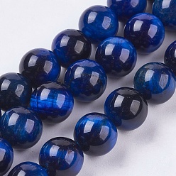 Marine Blue Natural Tiger Eye Bead Strands, Round, Marine Blue, 7.5~8.5mm, Hole: 0.5~1mm, about 48~51pcs/strand, 14.8 inch~15.63 inch(37.5~39.7cm)