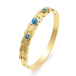 Real 18K Gold Plated Synthetic Turquoise Beaded Bangle, Ion Plating(IP) 304 Stainless Steel Leaf Bangle for Women, Real 18K Gold Plated, Inner Diameter: 2-3/8 inch(5.95cm)