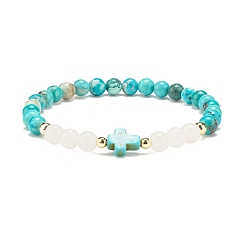 Turquoise Synthetic Turquoise(Dyed) & Hematite & Natural White Jade Beaded Stretch Bracelet with Cross, Gemstone Jewelry for Women, Turquoise(Dyed), Inner Diameter: 2 inch(5.2cm)