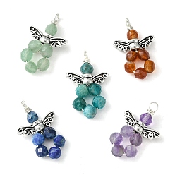 Mixed Stone 5Pcs 5 Styles Natural Mixed Gemstone Faceted Pendants, Angel Charms with Antique Silver Tone Alloy Wings, 21~22x14x4mm, Hole: 2.2mm, 1pc/style