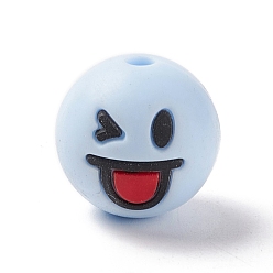 Sky Blue Silicone Beads, Baby Chewing Beads For Teethers, Round with Smiling Face, Sky Blue, 15.5mm, Hole: 2mm