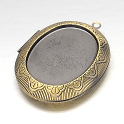 Brushed Antique Bronze Carved Oval Rack Plating Brass Locket Pendant Cabochon Settings, Lead Free & Nickel Free, Brushed Antique Bronze, Tray: 35x27mm, 52x39x10mm, Hole: 2mm, Inner: 33x25mm