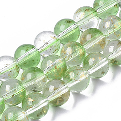 Verde Lima Aerosol pintado hebras de perlas de vidrio transparente, con la hoja de oro, rondo, verde lima, 10~11 mm, agujero: 1.4~1.6 mm, sobre 39~42 unidades / cadena, 14.84 pulgada ~ 15.27 pulgada (37.7~38.8 cm)