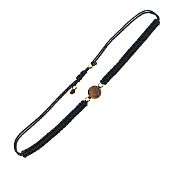 Œil De Tigre Bracelet de perles tressées rondes en oeil de tigre naturel, bracelet réglable noir, perle: 8 mm