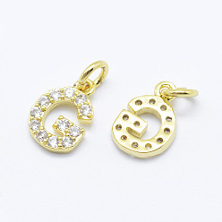 Real 18K Gold Plated Brass Micro Pave Grade AAA Cubic Zirconia Charms, Letter G, Cadmium Free & Nickel Free & Lead Free, Real 18K Gold Plated, 9x6x1.5mm, Hole: 2mm