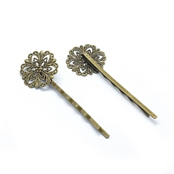 Antique Bronze Iron Hair Bobby Pin Findings, with Brass Filigree Flower Cabochon Bezel Settings, Nickel Free, Antique Bronze, 62.5x2mm