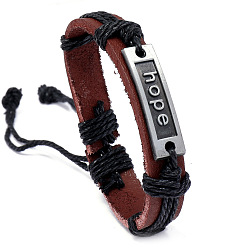 Black Adjustable Cowhide Cord Bracelets for Men, Antique Silver Tone Word Hope Alloy Links Bracelets, Black, 6-3/4 inch(17cm)