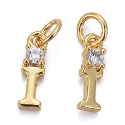 Letter I Brass Micro Pave Clear Cubic Zirconia Pendants, with Jump Rings, Real 18K Gold Plated, Long-Lasting Plated, Letter, Letter.I, 9.5x3x2mm