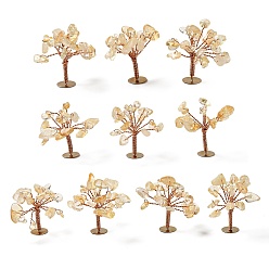 Citrine Natural Citrine Chips Display Decorations, with Golden Plated Brass Wires, Lucky Tree, 24~27x32~41x33~42mm