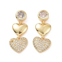 Real 18K Gold Plated Clear Cubic Zirconia Double Heart Dangle Stud Earrings, Brass Jewelry for Women, Real 18K Gold Plated, 30mm, Pin: 0.8mm