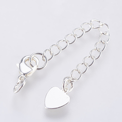 Silver Brass Chain Extender, with Lobster Claw Clasps and Heart Charm, Silver, 68x3mm, Hole: 3mm, Clasp: 10x7x3mm