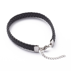 Noir Bracelets de corde de cuir d'imitation, Avec l'acier homard fermoirs pince en acier inoxydable, couleur inox, noir, 7-1/2 pouce (19 cm)
