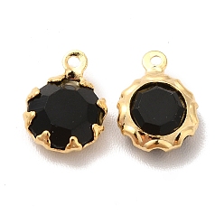 Black Eco-Friendly Glass Charms, with Brass Findings, Long-Lasting Plated, Cadmium Free & Lead Free, Flat Round, Real 24K Gold Plated, Black, 9x6.5x3mm, Hole: 1mm