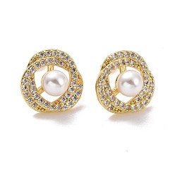 Light Gold Clear Cubic Zirconia Flower with Plastic Pearl Stud Earrings, Brass Jewelry for Women, Cadmium Free & Lead Free, Light Gold, 13.5x14x7mm, Pin: 0.9mm