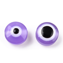 Pourpre Moyen Perles en résine, plat rond, mauvais œil, support violet, 10~11x5~7mm, Trou: 2mm