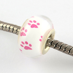 Camellia Large Hole Dog Paw Prints Pattern Resin European Beads, with Silver Color Plated Brass Double Cores, Rondelle, Camellia, 14x9~10mm, Hole: 5mm