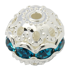 Bleu Acier Perles en laiton de strass, Grade a, ronde, couleur argent plaqué, bleu acier, taille: environ 10mm de diamètre, Trou: 1.2mm